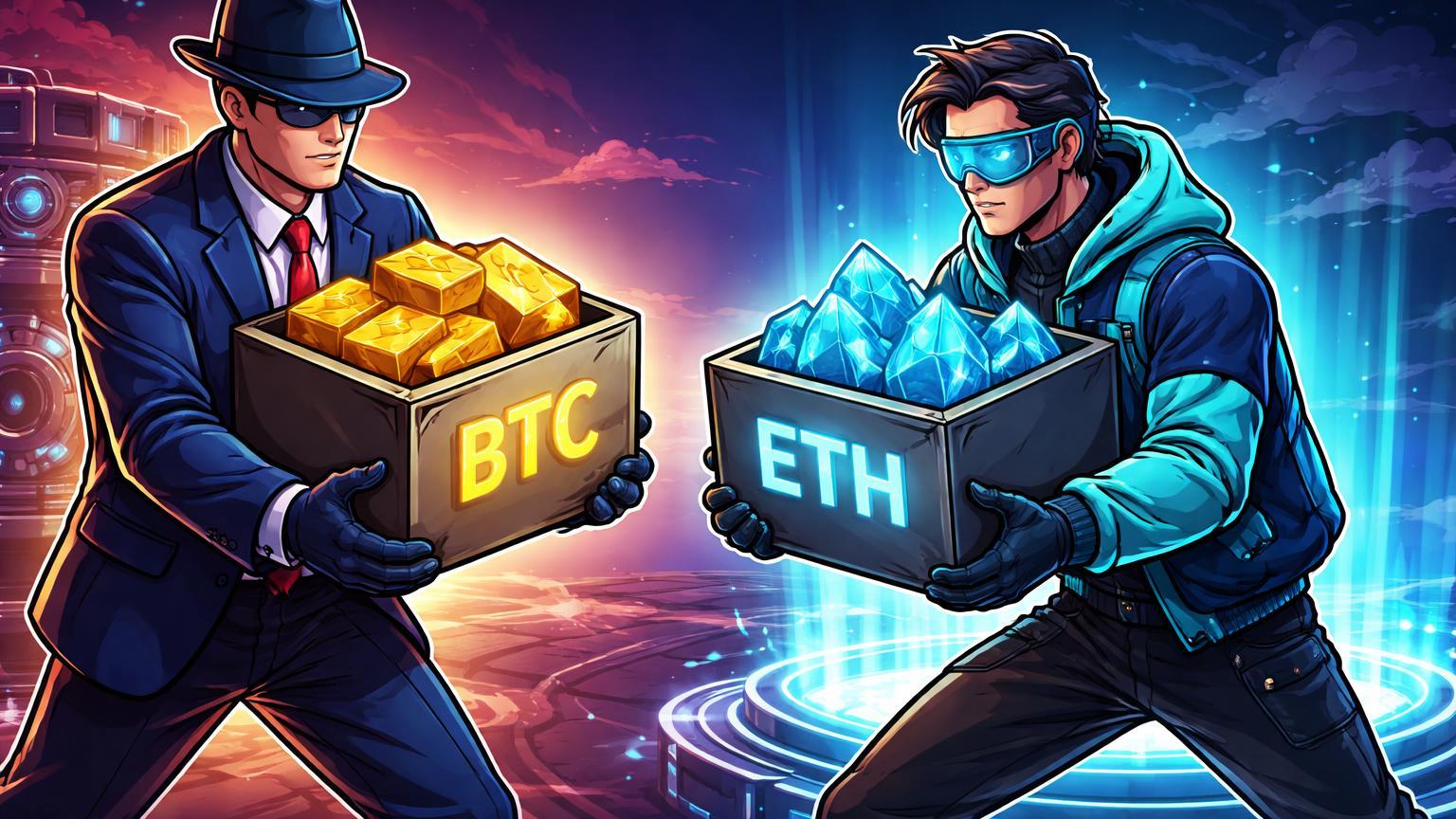 Executivos cartoon transferindo caixas de BTC dourado e ETH cyan para plataforma tech, simbolizando depósitos de BlackRock na Coinbase Prime