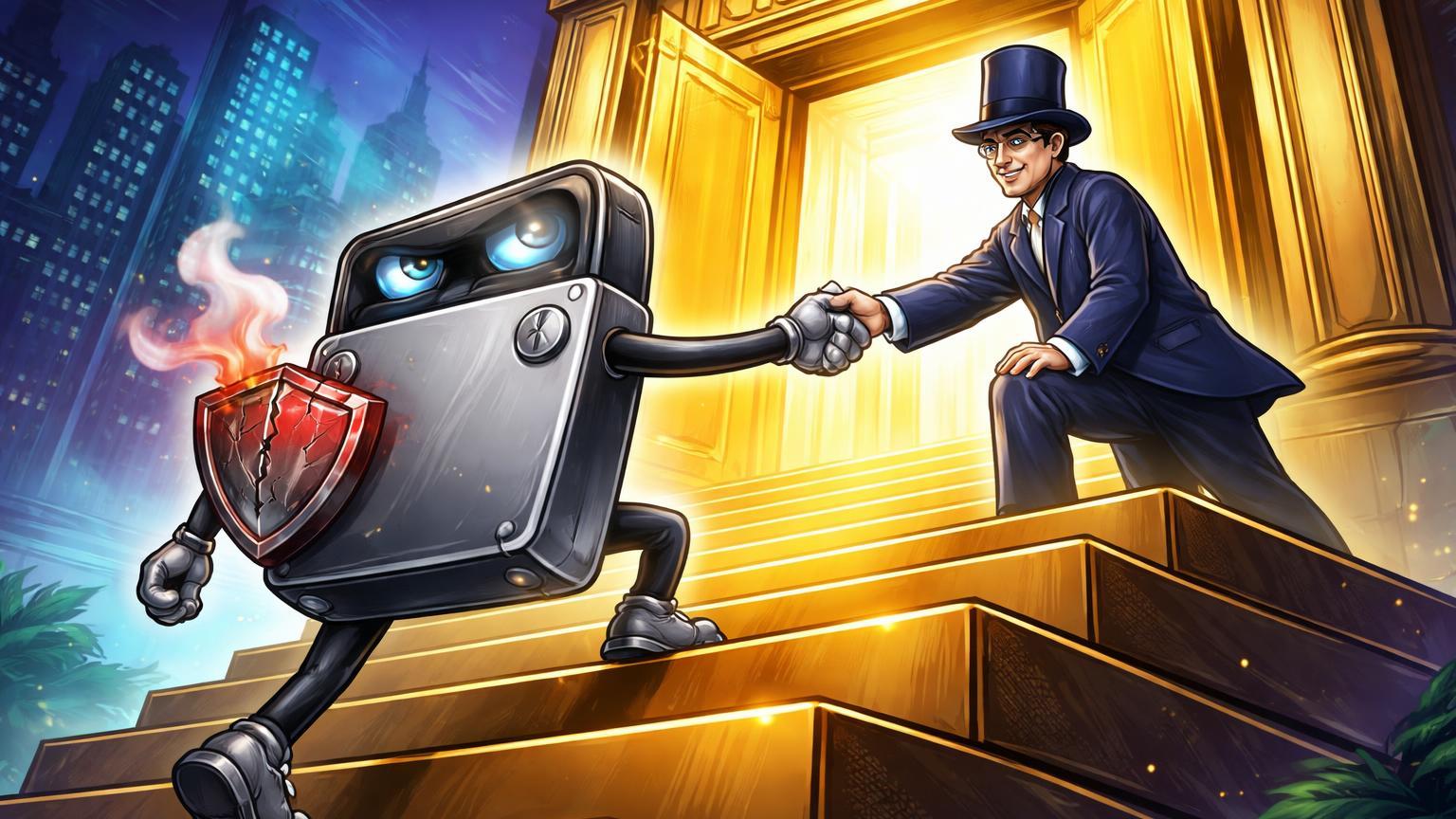 Carteira hardware cartoon subindo degraus da Wall Street com ajuda de banqueiro, escudo rachado simbolizando críticas de segurança no IPO da Ledger