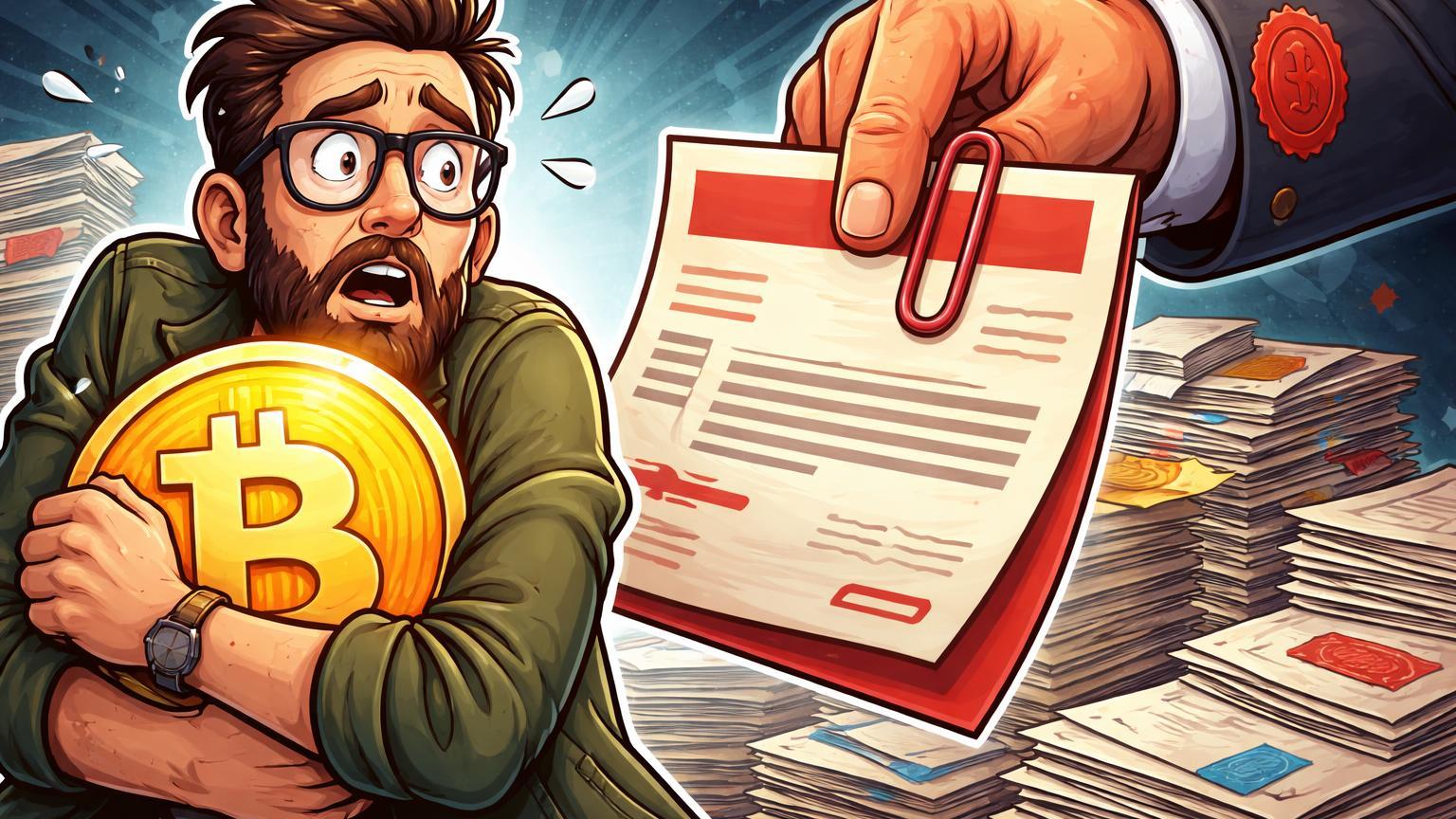 Hodler cartoon defendendo Bitcoin dourado de mão burocrática com fatura vermelha, simbolizando tributação anual de ganhos não realizados na Holanda