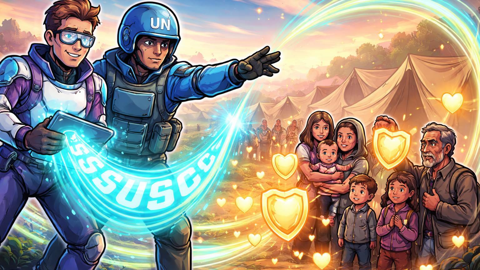 Personagens cartoon de Circle e ONU direcionando fluxo USDC cyan para refugiados em tendas, simbolizando stablecoins em ajuda humanitária