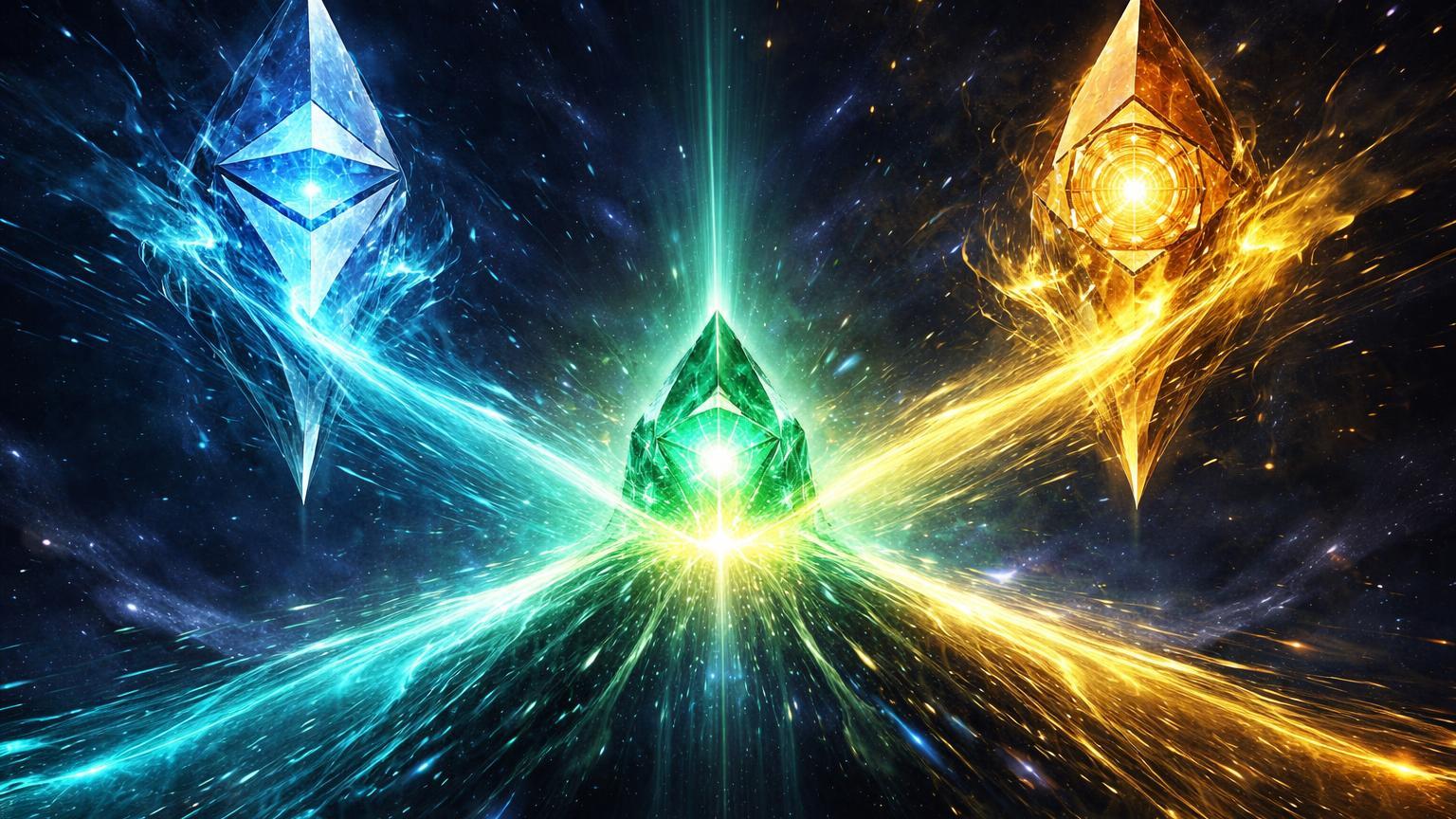 Fluxos de energia dourada e cyan migrando de estruturas Ethereum/BNB para Base L2 pulsante em verde, simbolizando superação em volume DEX