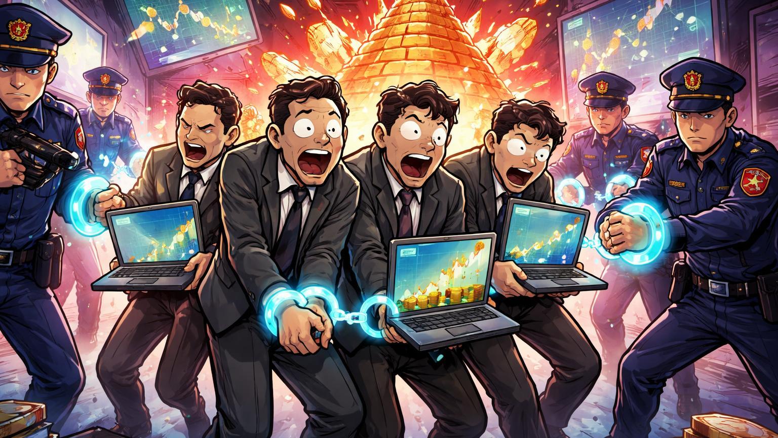 Fraudadores cartoon sendo algemados por autoridades em sala de esquema cripto falso, representando prisões por fraude bilionária na China