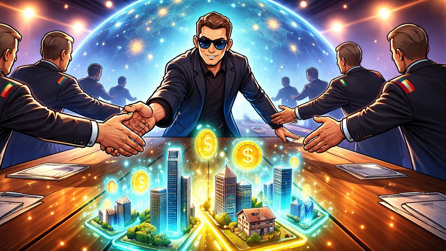 Líder tech cartoon estilizado negociando com representantes governamentais em mesa de Davos, transformando ativos em tokens digitais