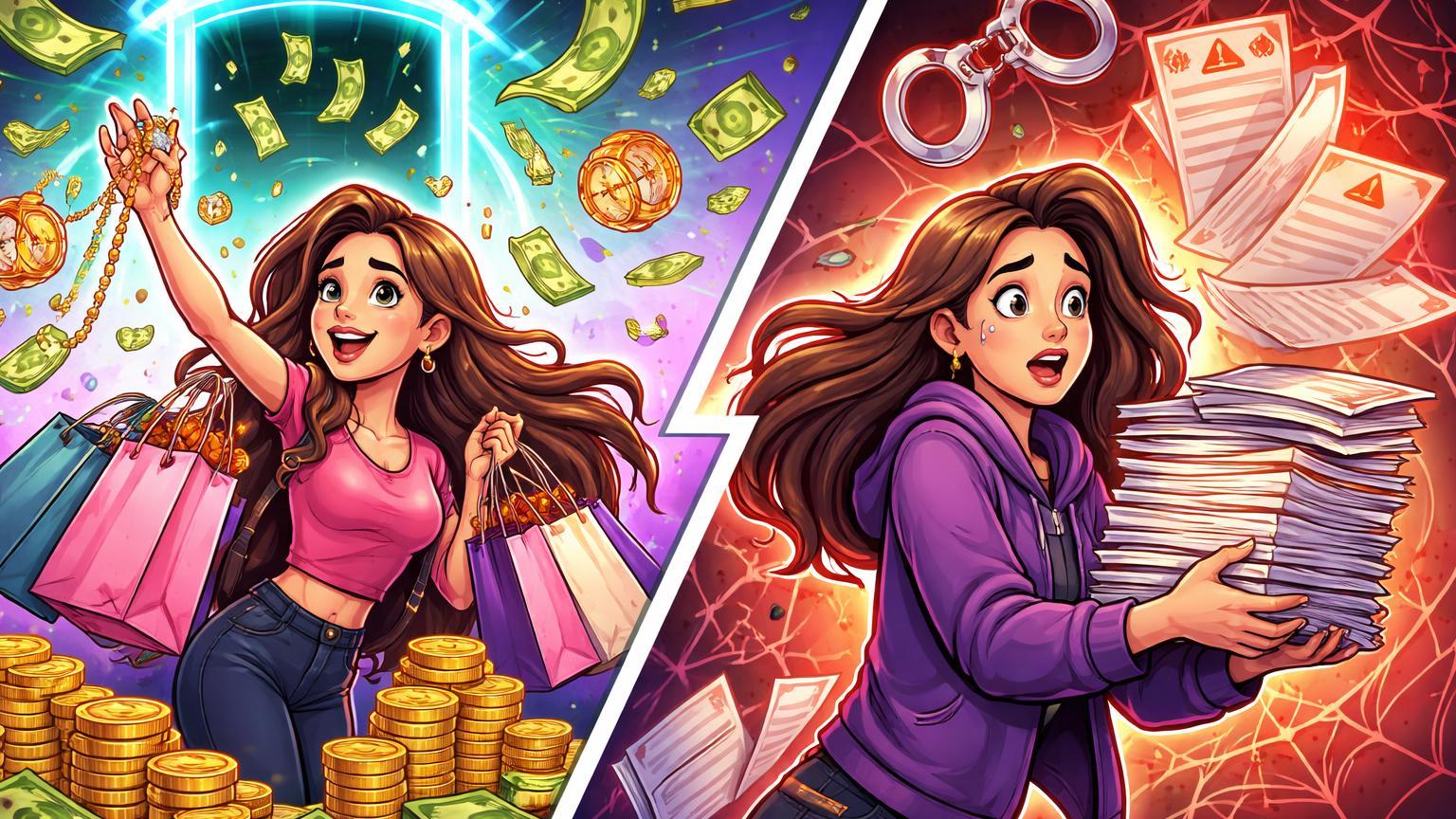 Irmãs cartoon gastando dinheiro por erro de exchange Crypto.com, uma em compras e outra enfrentando processo judicial por devolução