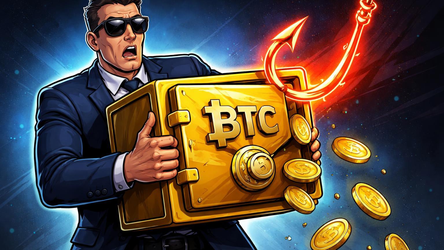 Guarda cartoon segurando cofre BTC fisgado por anzol phishing vermelho, simbolizando perda de US$ 48 mi do governo sul-coreano em golpe