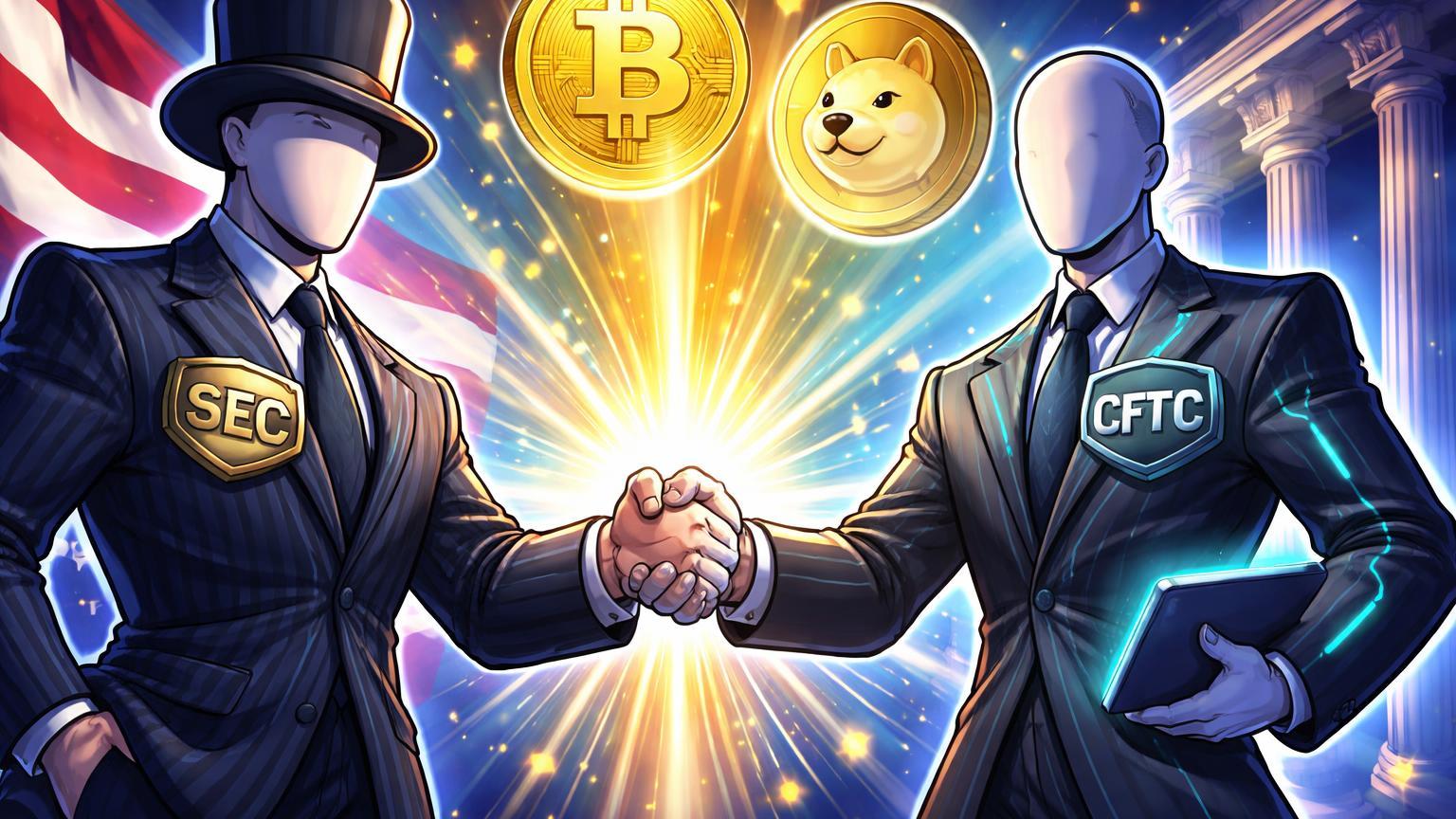 Figuras cartoon de SEC e CFTC apertando mãos com explosão de luz cripto, simbolizando unificação regulatória sob era Trump e avanço MiCA