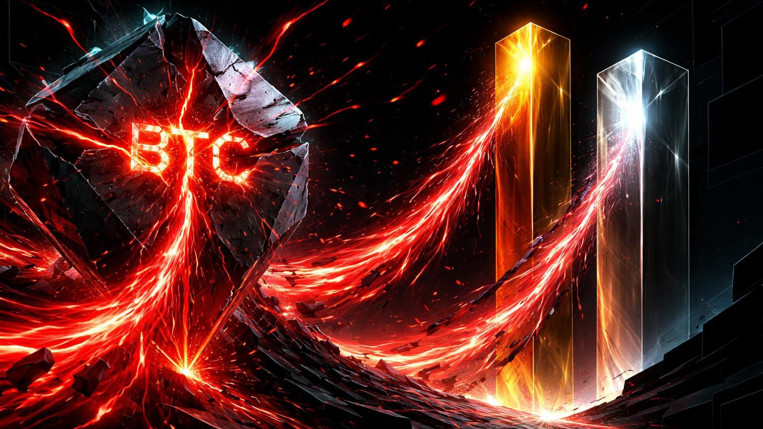 Fluxo vermelho saindo de núcleo BTC rachado para pilares dourado e prateado, simbolizando saídas recordes de ETFs e fuga para ouro e prata