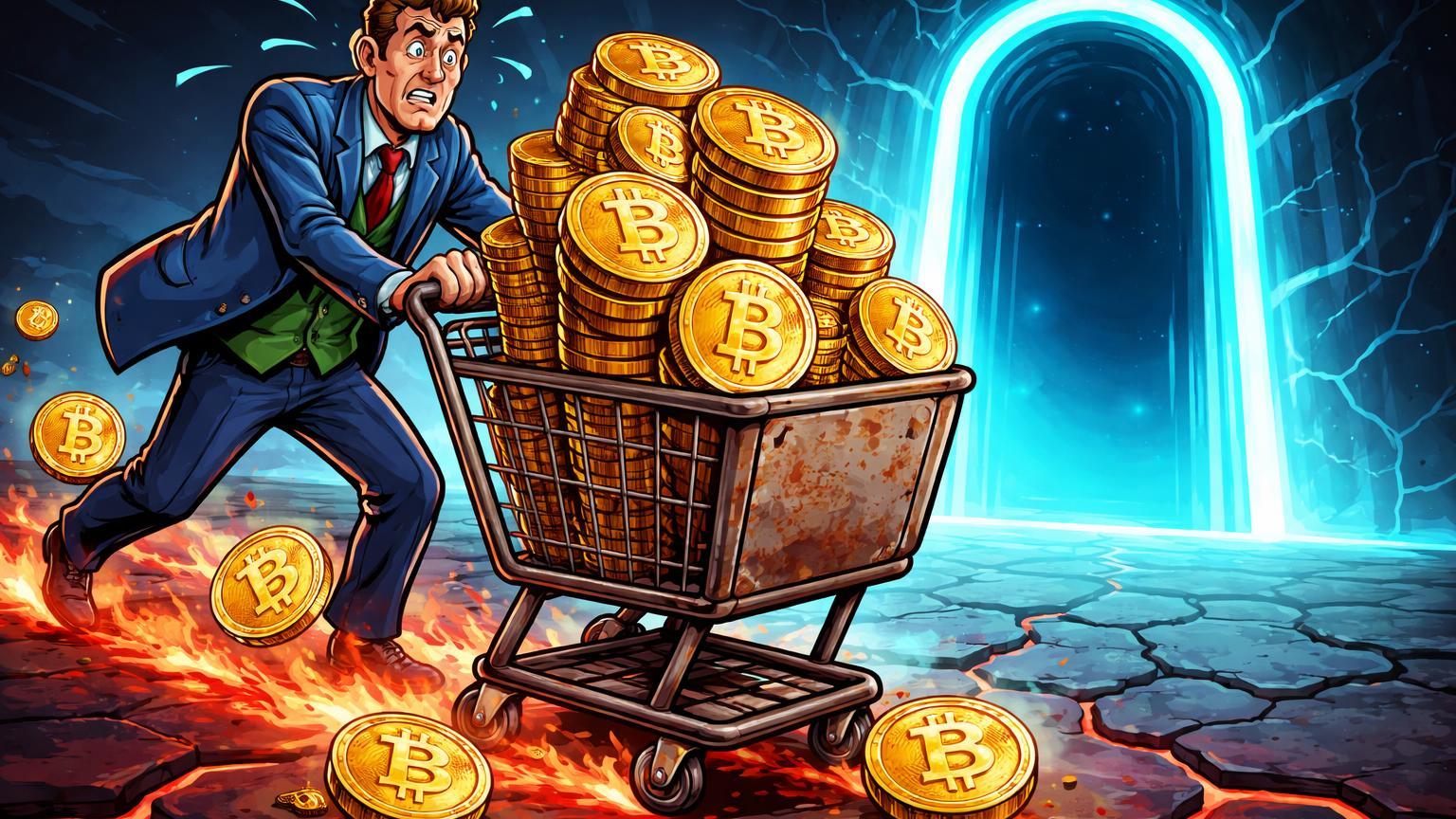 Executivo cartoon da GameStop empurrando carrinho de BTC instável para portal de exchange, moedas caindo com rastro vermelho de prejuízo