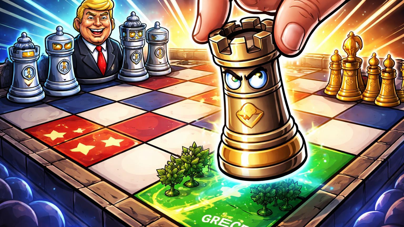 Peças de xadrez cartoon em tabuleiro geopolítico: Binance movendo para Grécia MiCA, Trump com SEC/CFTC pró-cripto, simbolizando xadrez regulatório europeu e EUA