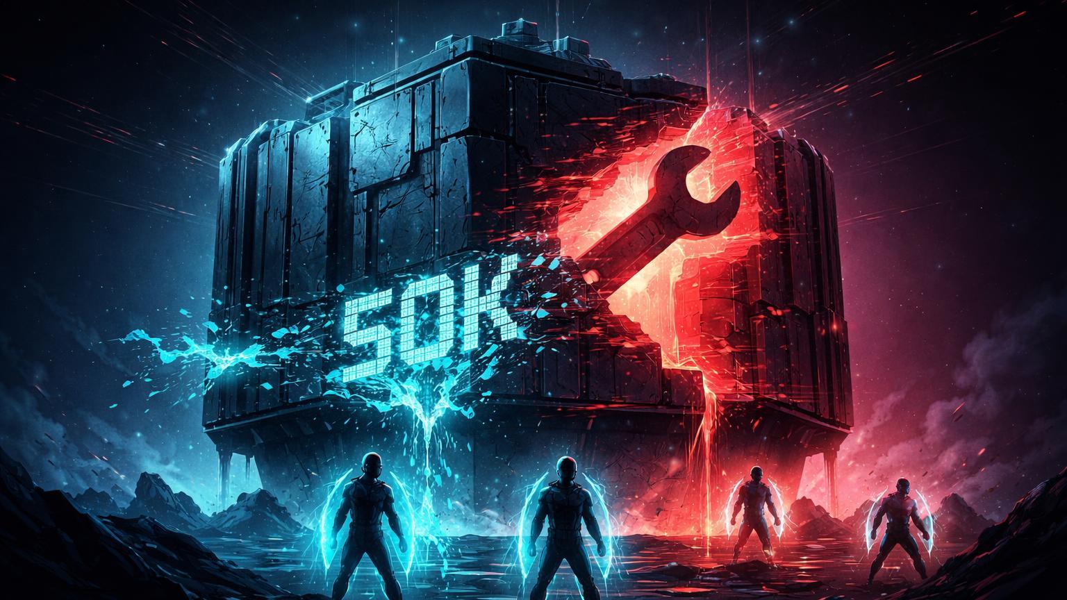 Fortaleza cyber rachada vazando dados cyan com sombra de chave inglesa, simbolizando hack na Waltio e riscos de phishing para holders crypto