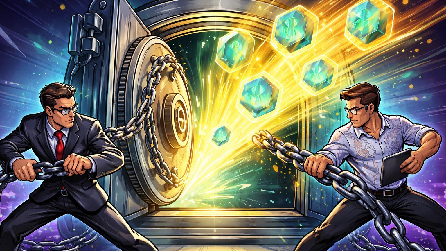 Personagens cartoon regulador e banqueiro removendo correntes de cofre digital, liberando fluxo de ETFs, simbolizando avanços SEC e OCC em crypto banking