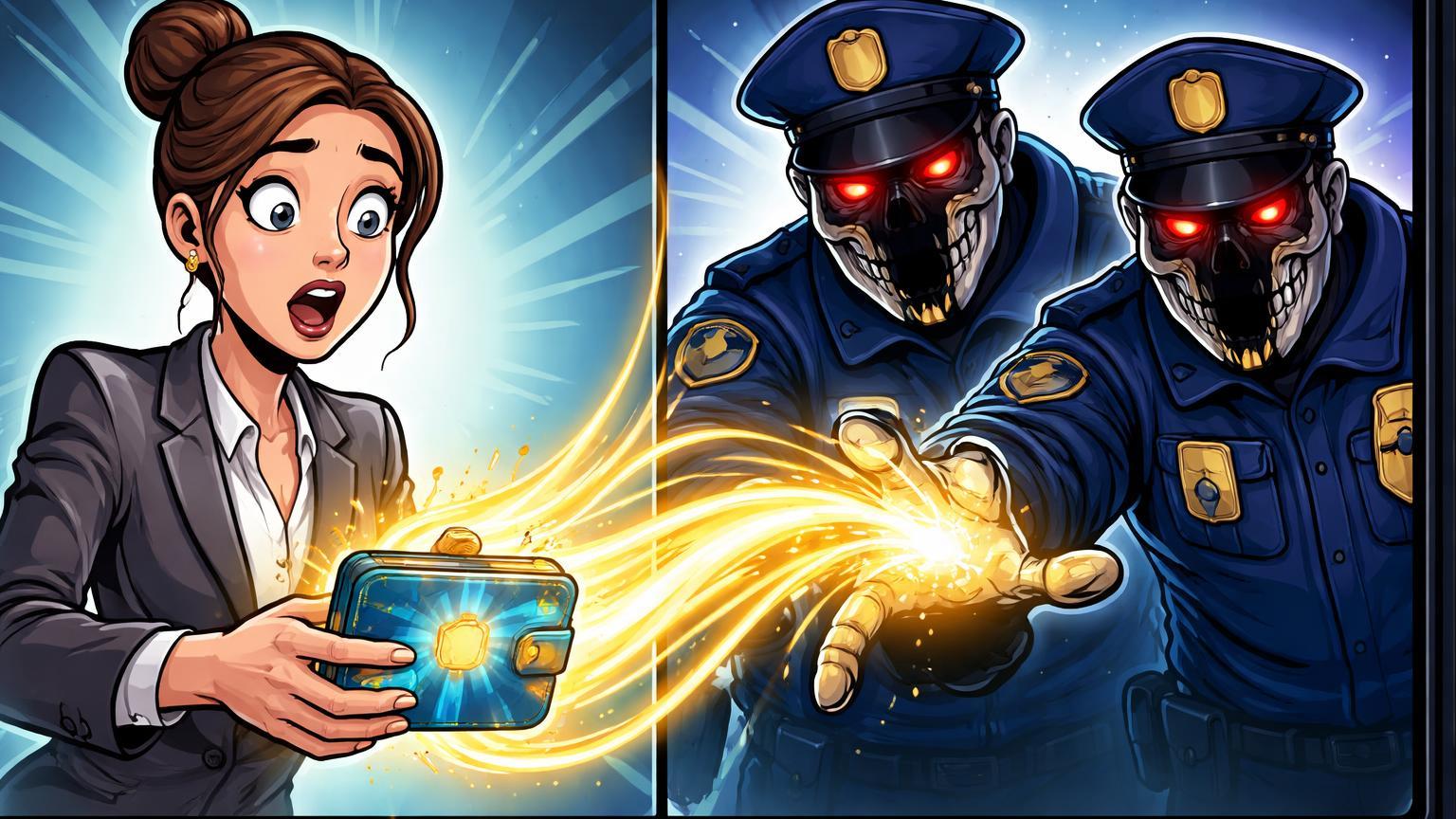 Empresária cartoon em videochamada com impostores PF estilizados revelando sombras cibernéticas sugando energia cripto dourada, alertando sobre golpe