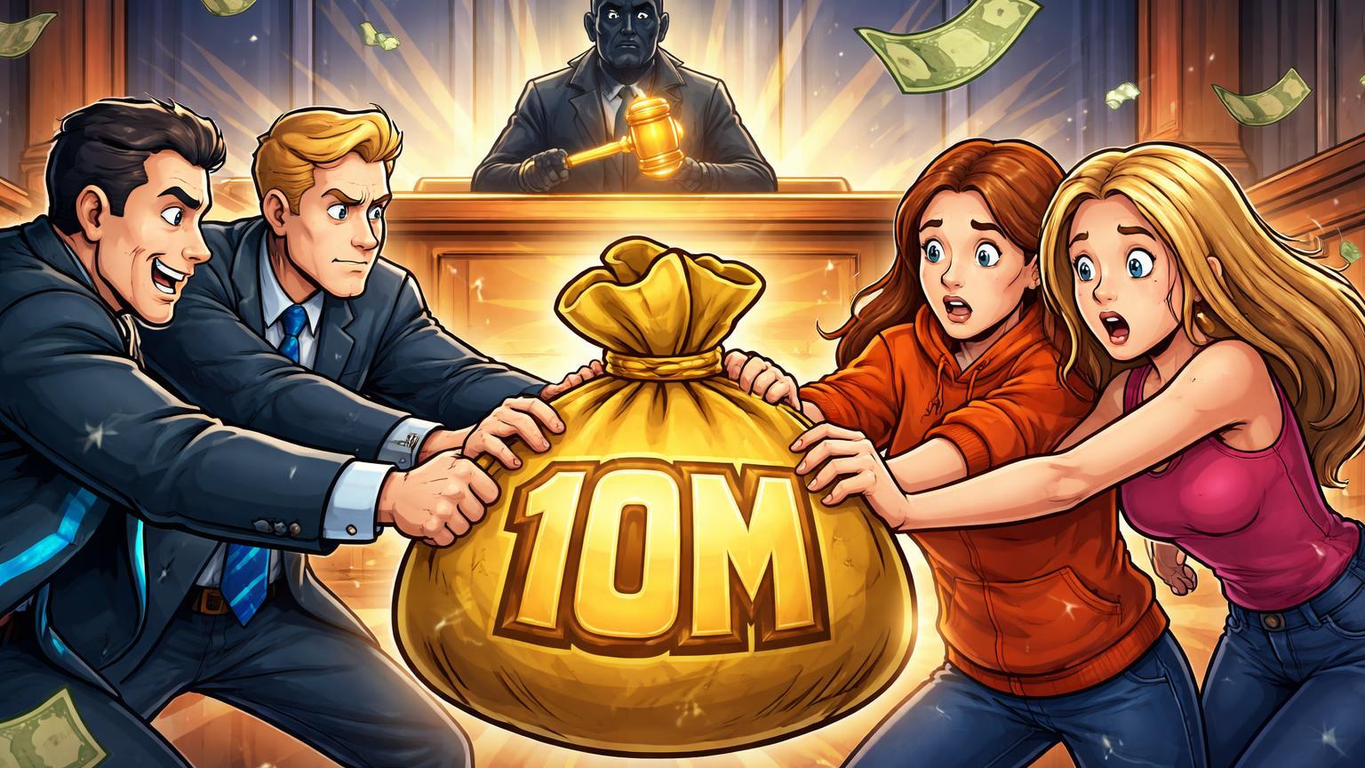 Personagens cartoon de Crypto.com e irmãs disputando saco de dinheiro '10M' em tribunal, simbolizando erro de transferência e processo judicial