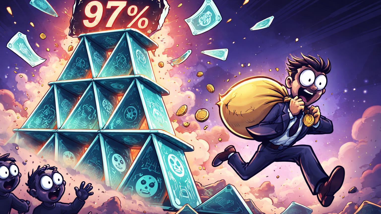Castelo de cartas IA desabando com desenvolvedor cartoon fugindo com saco de moedas e placa 97% caindo, expondo rug pull em memecoin RALPH