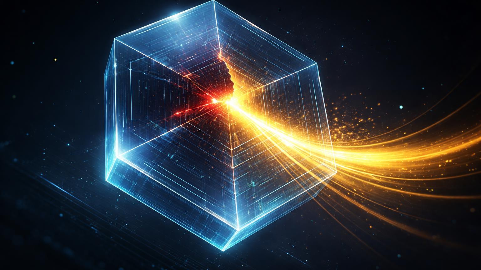 Estrutura hexagonal DeFi com brecha vermelha reparada por fluxo dourado, simbolizando reembolso rápido após bug em liquidações