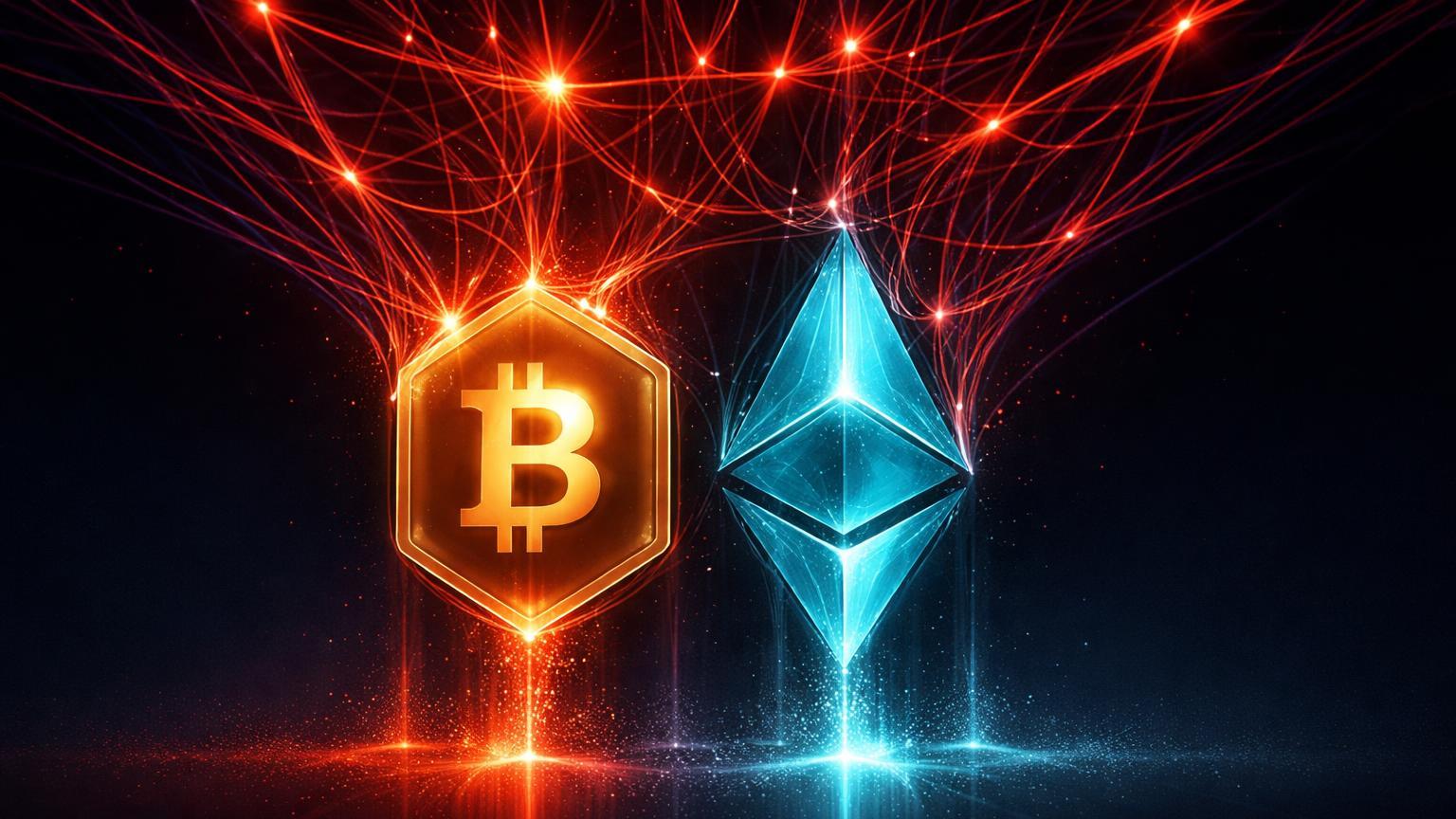 Rede vermelha de linhas contraindo símbolos BTC e ETH geométricos, simbolizando pressão de opções expiradas e volatilidade no mercado cripto