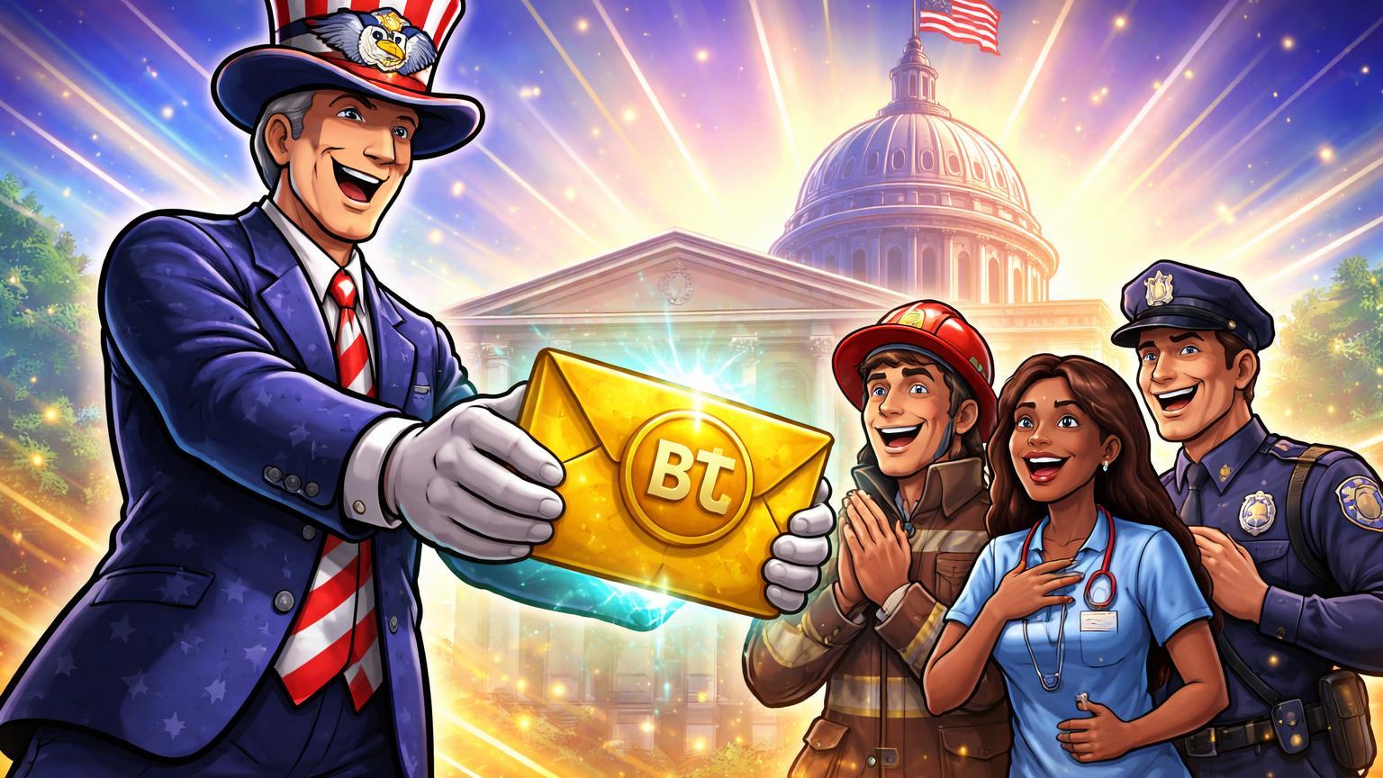 Representante governamental cartoon entregando envelope BTC a funcionários públicos, simbolizando lei de salários em Bitcoin na Oklahoma