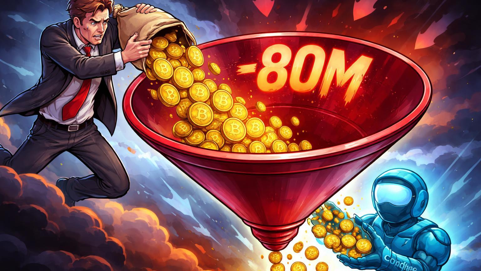 Executivo cartoon da GameStop despejando moedas BTC em funil vermelho com -80M, para silhueta Coinbase, simbolizando capitulação com prejuízo
