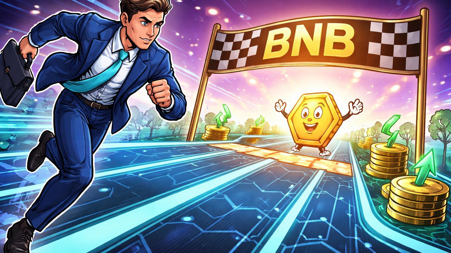 Executivo cartoon da Grayscale correndo para linha de chegada BNB ETF com staking rewards e personagem BNB celebrando, simbolizando corrida institucional por ETF spot