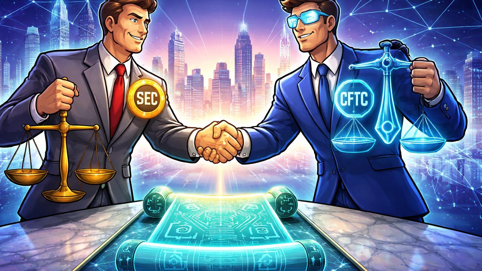 Personagens cartoon de reguladores SEC e CFTC apertando mãos sobre pergaminho blockchain, simbolizando harmonização regulatória para cripto