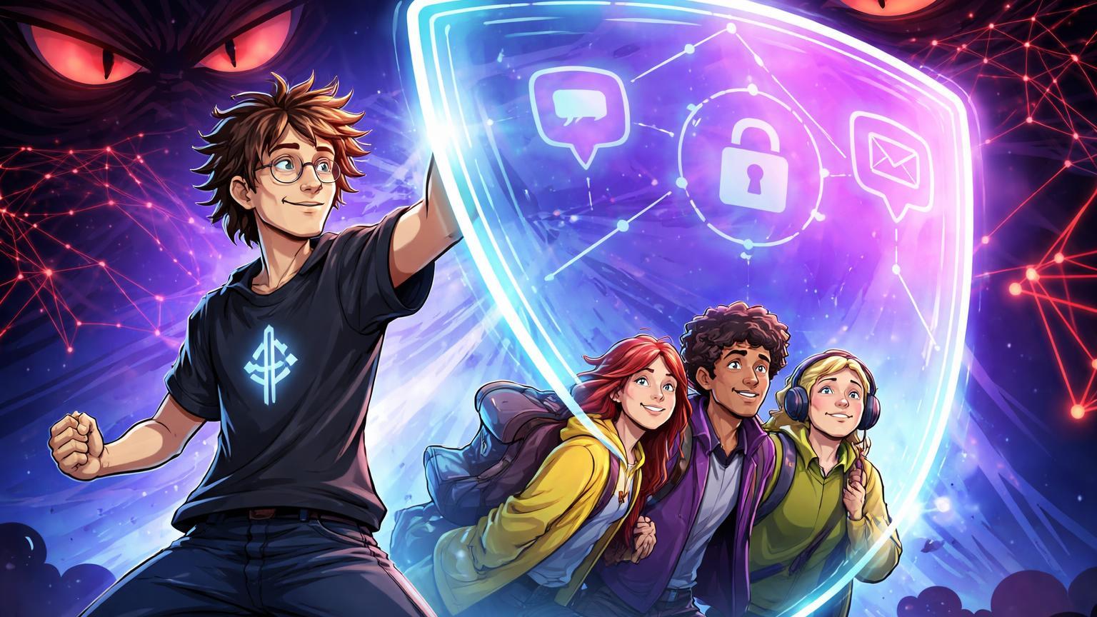 Vitalik Buterin cartoon erguendo escudo holográfico protetor sobre iniciantes cripto, com ícones de privacidade, destacando segurança digital em 2026