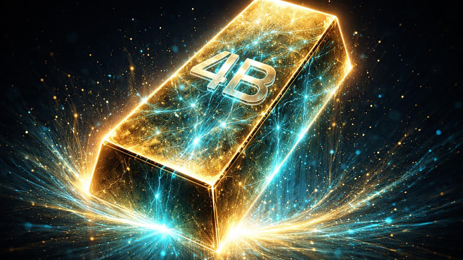 Lingote de ouro translúcido com veias cyan on-chain e '4B' relevo luminoso, simbolizando RWAs de ouro superando US$ 4 bilhões