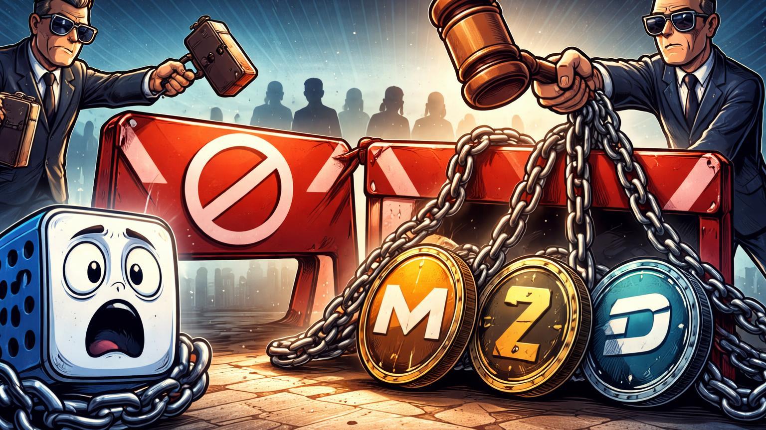 Reguladores cartoon erguendo barreiras e acorrentando Polymarket e privacy coins, simbolizando bans na Ucrânia e proibições na Índia