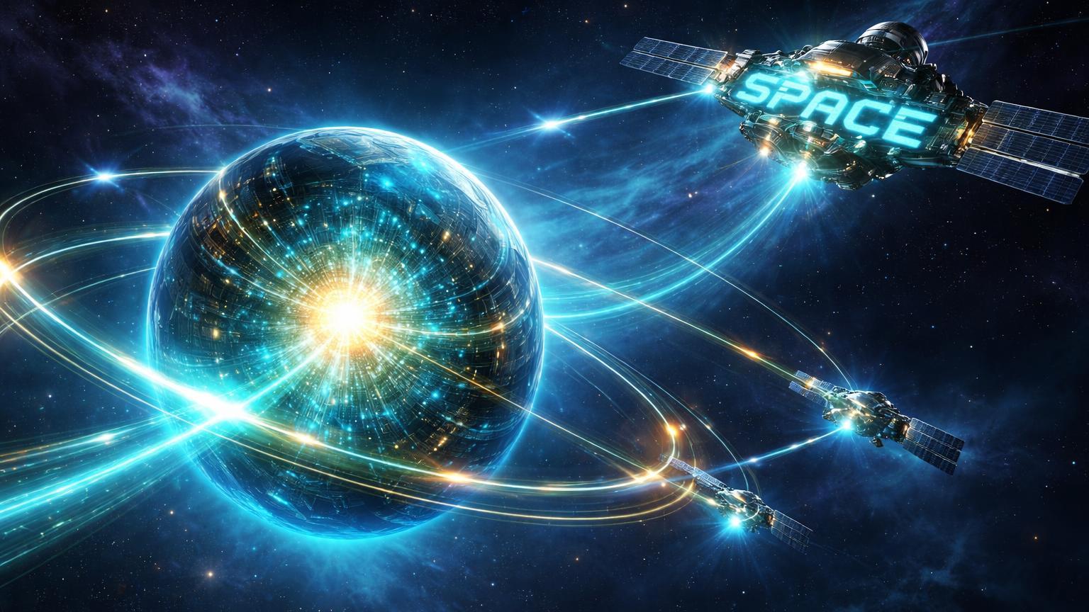 Constelação de satélites orbitando núcleo Solana planetário conectados por feixes cyan, com 'SPACE' em satélite, simbolizando nova infraestrutura DePIN