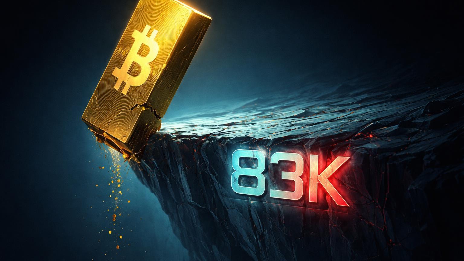 Monolito dourado Bitcoin inclinado sobre precipício com 83K gravado, sinalizando risco de teste de suporte em US$ 83 mil