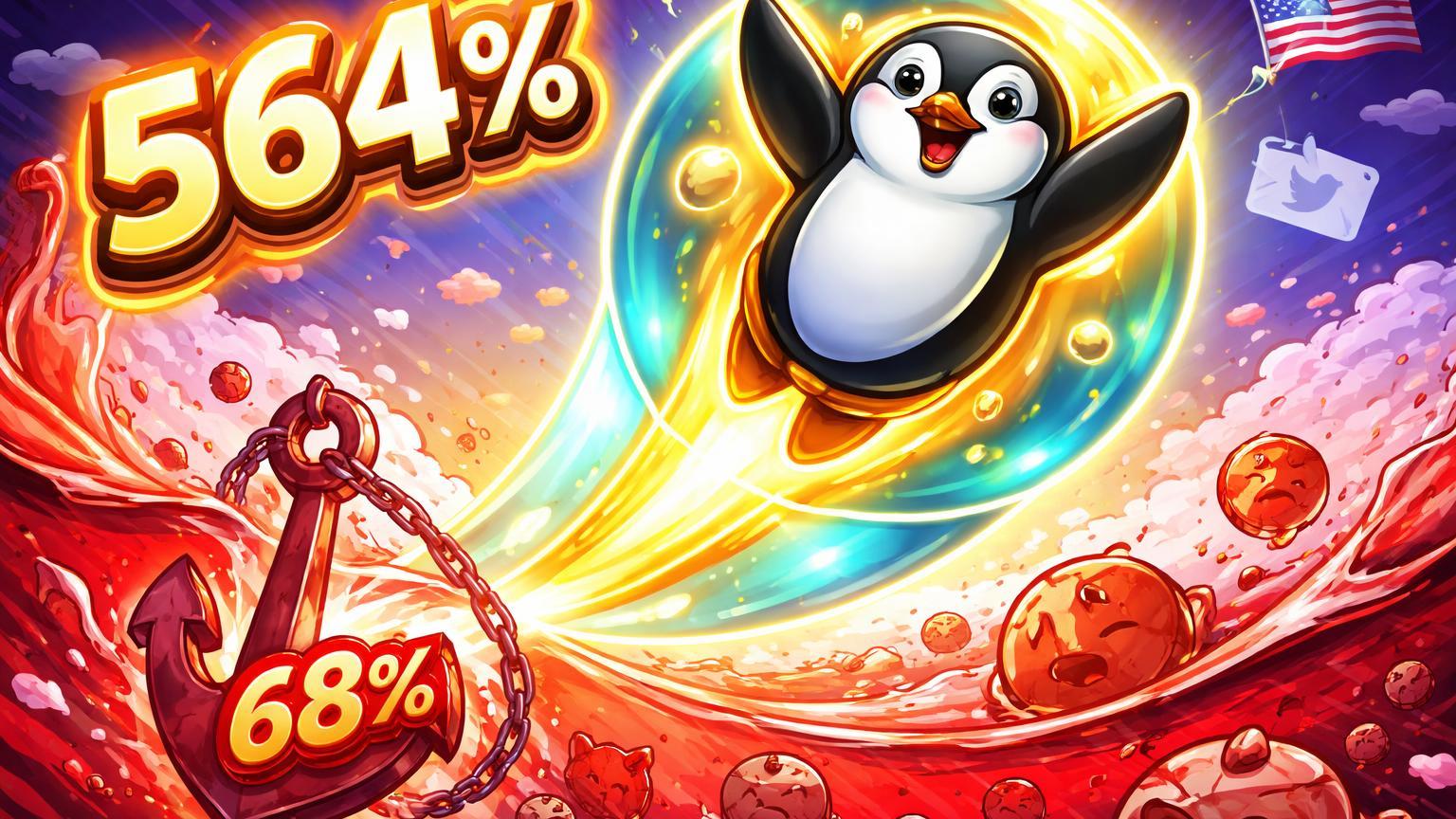 Pinguim cartoon disparando com 564% em bolha dourada enquanto memecoins afundam 68%, capturando ironia do post da Casa Branca no mercado cripto
