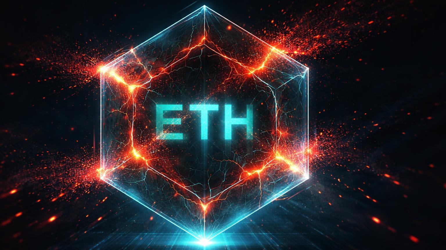 Estrutura hexagonal Ethereum translúcida infiltrada por partículas poeira vermelhas, expondo ataques dust escondidos em recordes de endereços ativos