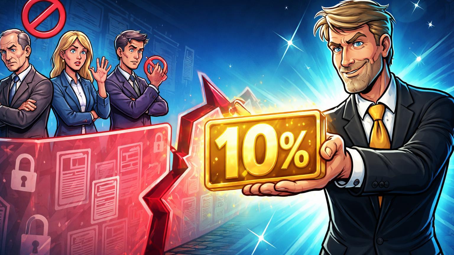 Personagem cartoon de Saylor oferecendo dividendos de 10% rejeitado por investidores europeus atrás de barreira regulatória, expondo limites Bitcoin na UE