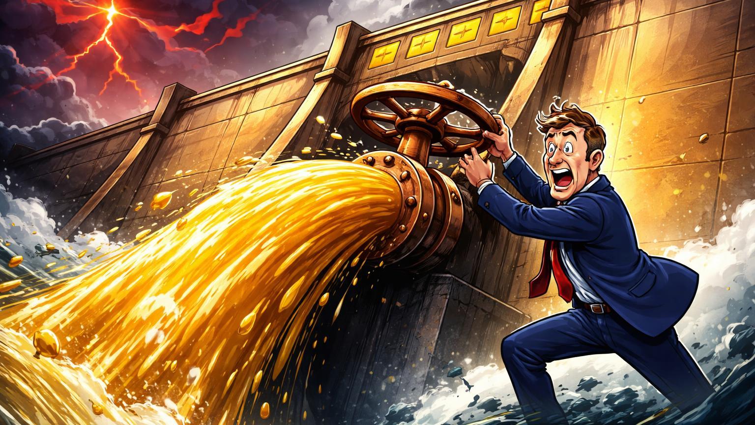 Gestor institucional cartoon tentando fechar válvula em represa de capital dourado jorrando, com nuvens de guerra comercial, simbolizando saídas recorde de ETFs Bitcoin