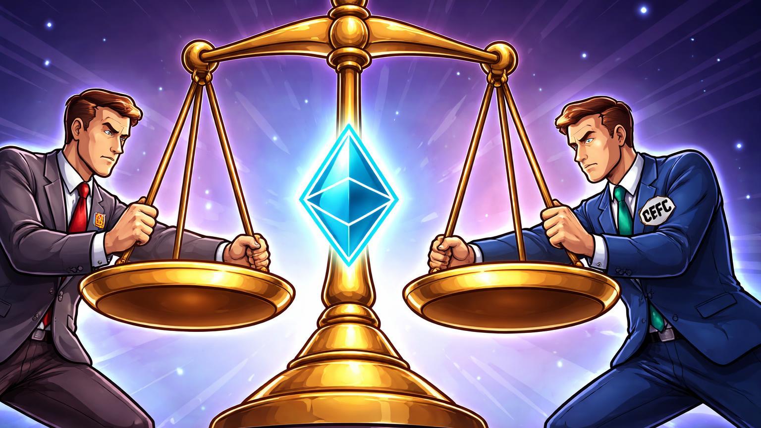 Figuras cartoon SEC e CFTC equilibrando balança dourada com símbolo cripto, ilustrando unificação de regras regulatórias nos EUA