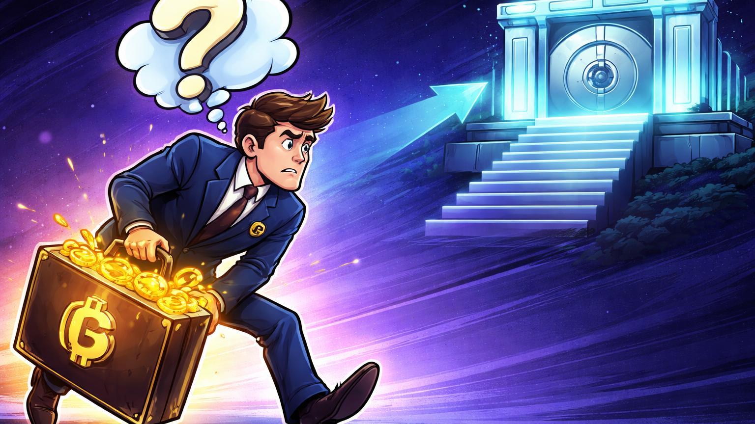 Personagem corporativo cartoon carregando maleta pesada de Bitcoin rumo a custódia Coinbase, com interrogação simbolizando venda iminente de GameStop