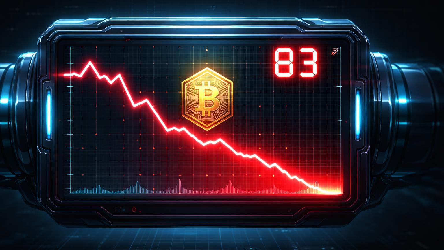 Monitor cyberpunk de pulso descendente com contador 83 e símbolo Bitcoin em zona vermelha, sinalizando indicadores on-chain bearish