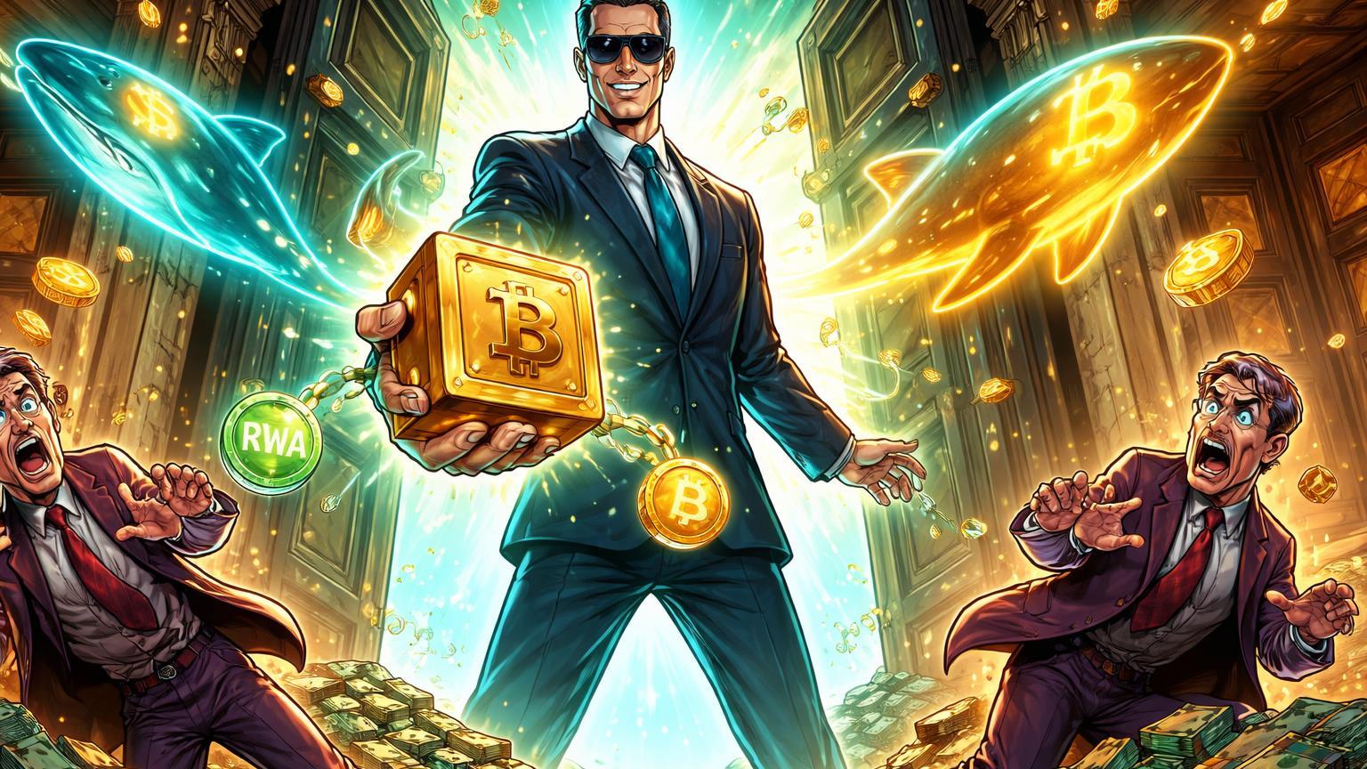 Executivos bancários cartoon em pânico recuando de figura BlackRock tokenizando cofre em RWA e BTC com baleias acumulando, adoção institucional acelera