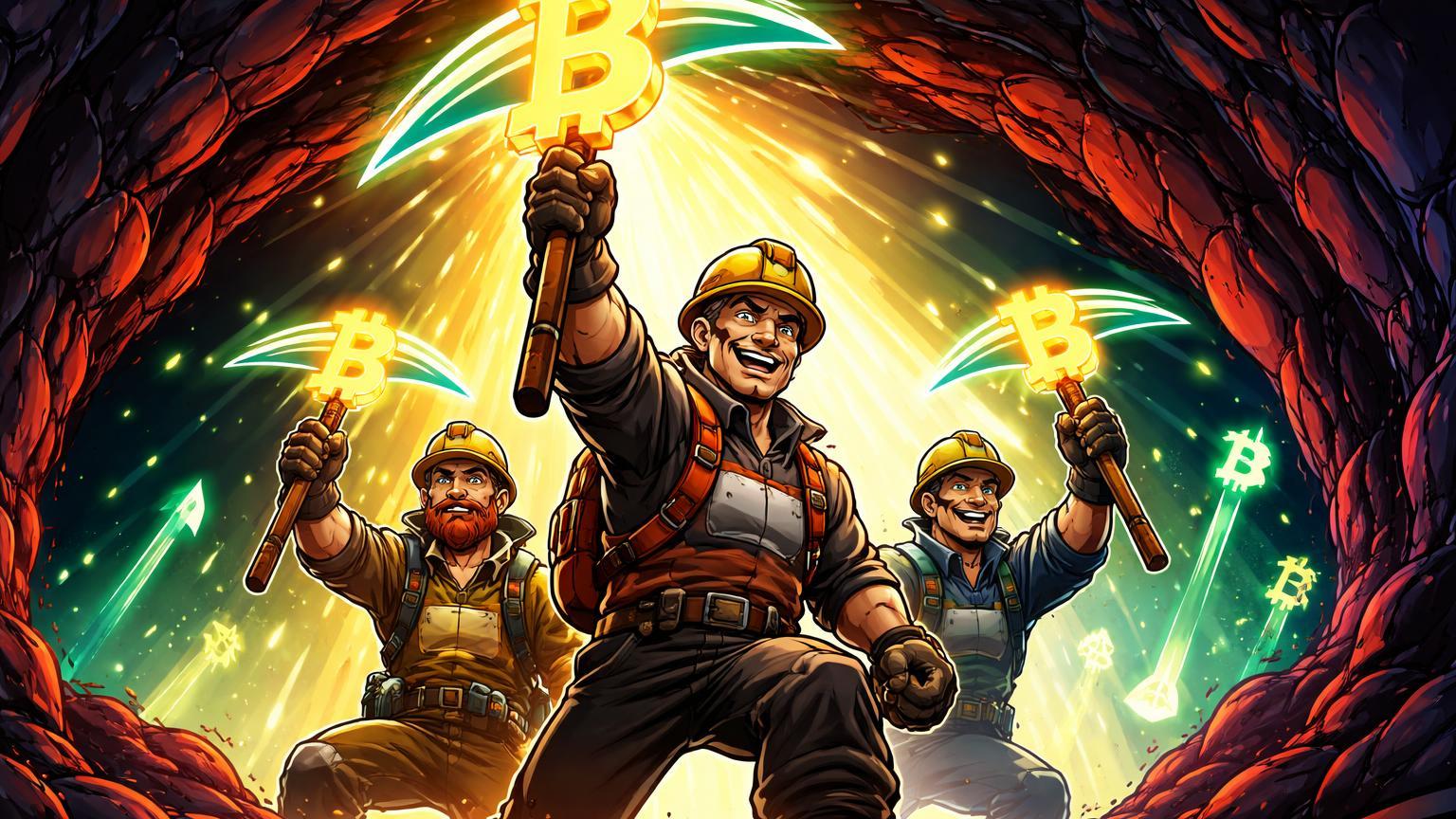 Mineradores cartoon emergindo de túnel escuro com picos BTC luminosos para luz dourada, sinalizando recuperação e alta no preço do Bitcoin