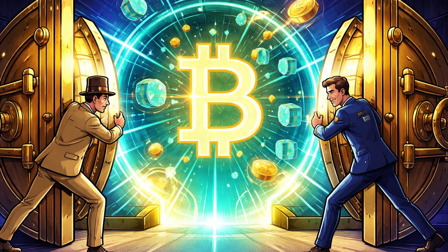 Banqueiros cartoon abrindo portas de cofre para portal cyan de criptomoedas com BTC luminoso, simbolizando regras simplificadas do Banco Central
