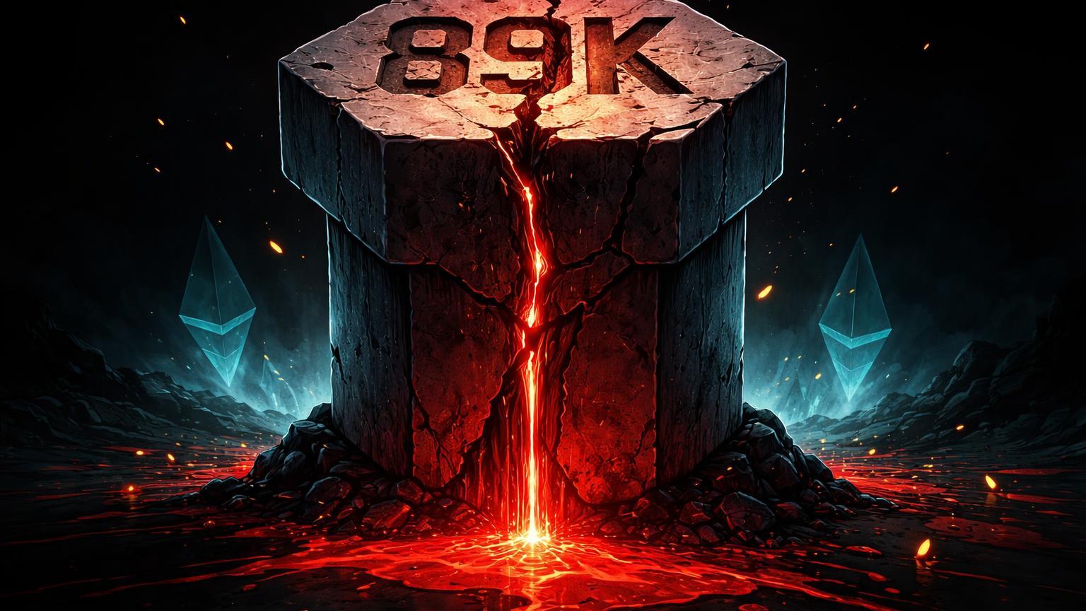 Coluna hexagonal digital com '89K' rachada e fluxo vermelho escorrendo, simbolizando saídas de US$ 1,72 bi em ETFs e quebra de suporte do BTC