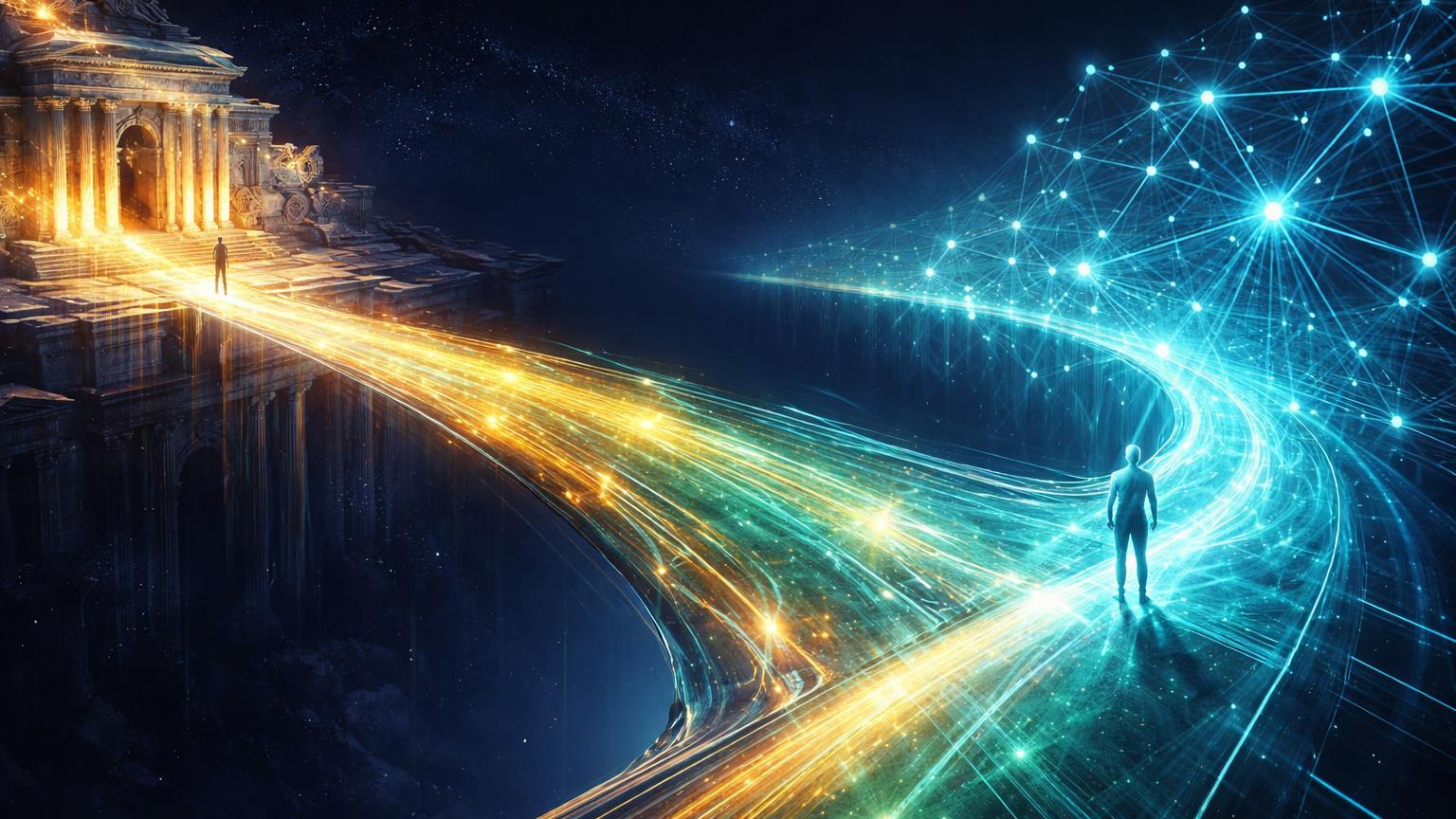 Ponte de energia cyan-dourada conectando fortaleza clássica a rede cristalina, simbolizando integração Stellar-SWIFT para remessas internacionais rápidas