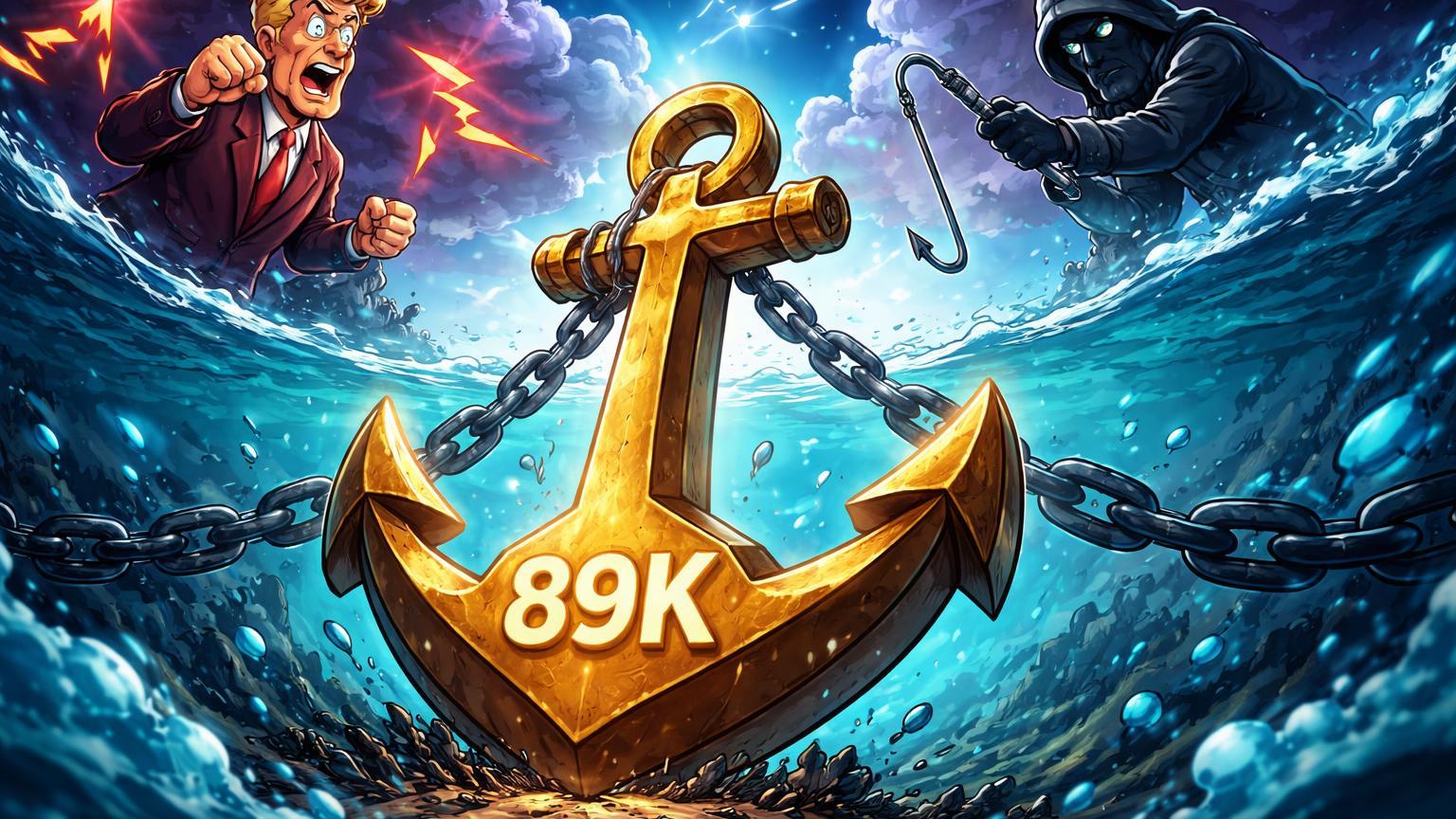 Âncora dourada com 89K resistindo a assaltos de figura política cartoon e hacker phishing em tempestade digital, simbolizando resiliência do Bitcoin em caos geopolítico