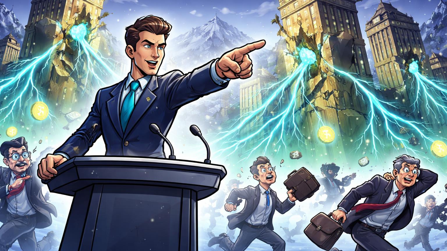 CEO cartoon em Davos apontando para torres bancárias rachadas por fluxos de tokenização, simbolizando ameaça existencial da cripto