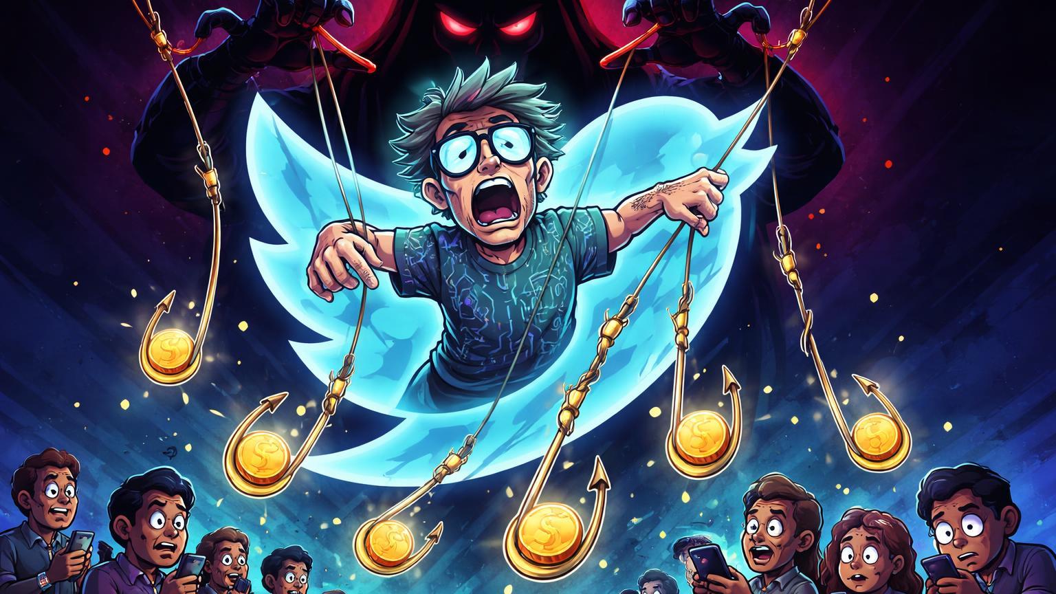 Personagem tech cartoon manipulado por sombra hacker em ícone X enviando anzóis phishing para traders, alertando golpe em conta de cofundador Scroll