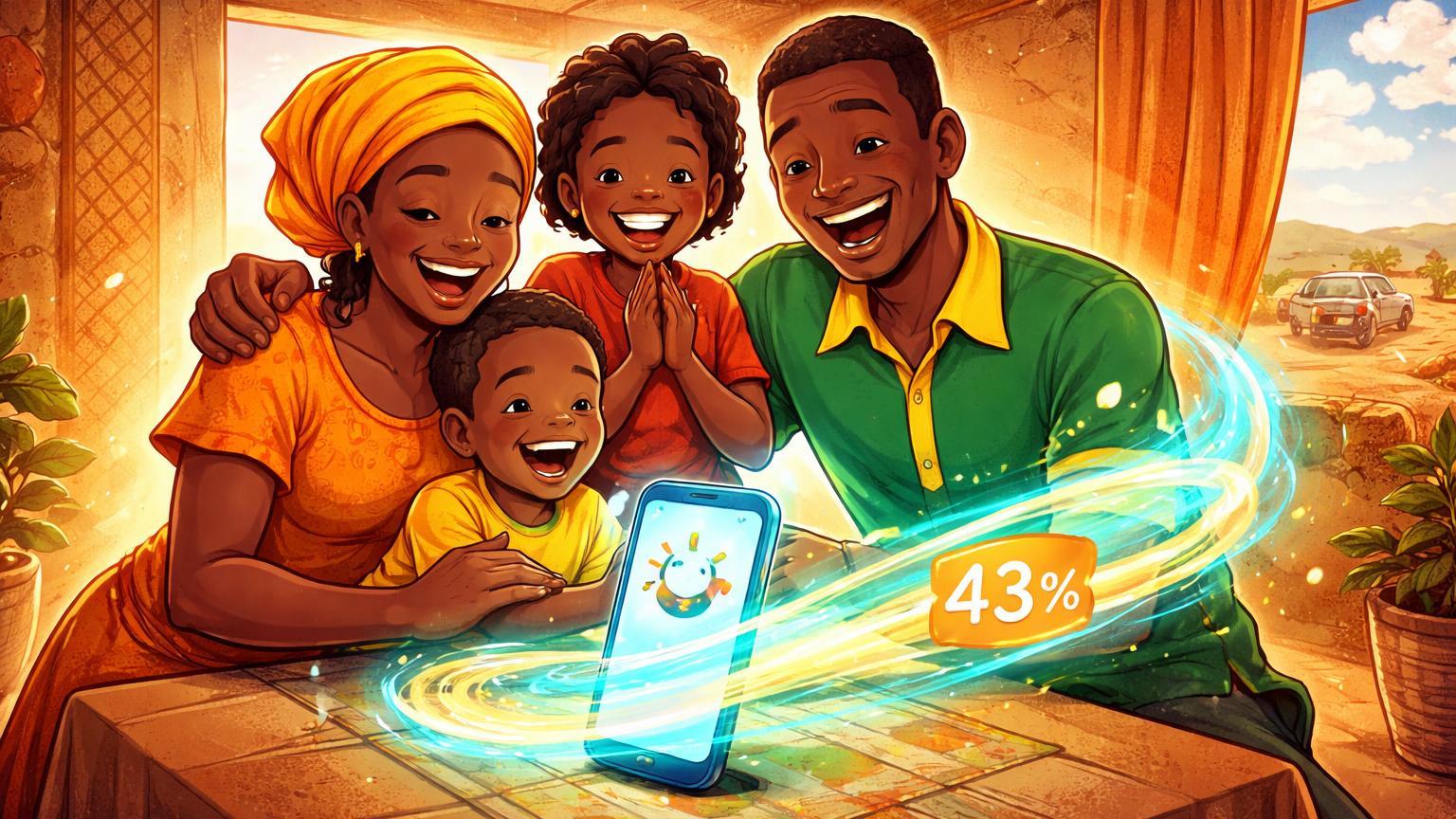 Família africana cartoon recebendo fluxo de remessas stablecoin de celular, superando caminhão de ajuda humanitária distante