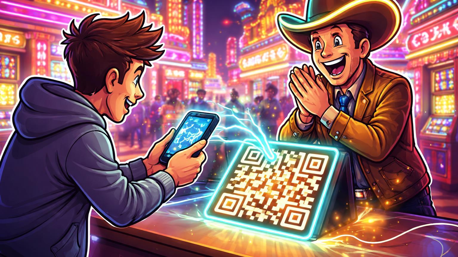 Cliente cartoon escaneando QR Bitcoin em loja neon de Las Vegas com lojista celebrando, ilustrando adoção cotidiana via Lightning Network