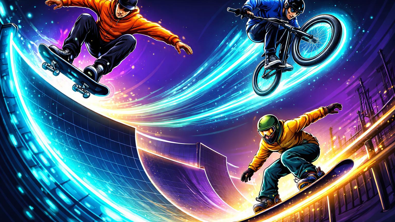 Atletas radicais cartoon em manobras extremas sobre rampas e ondas neon cyan e dourado, simbolizando patrocínio cripto nos X Games