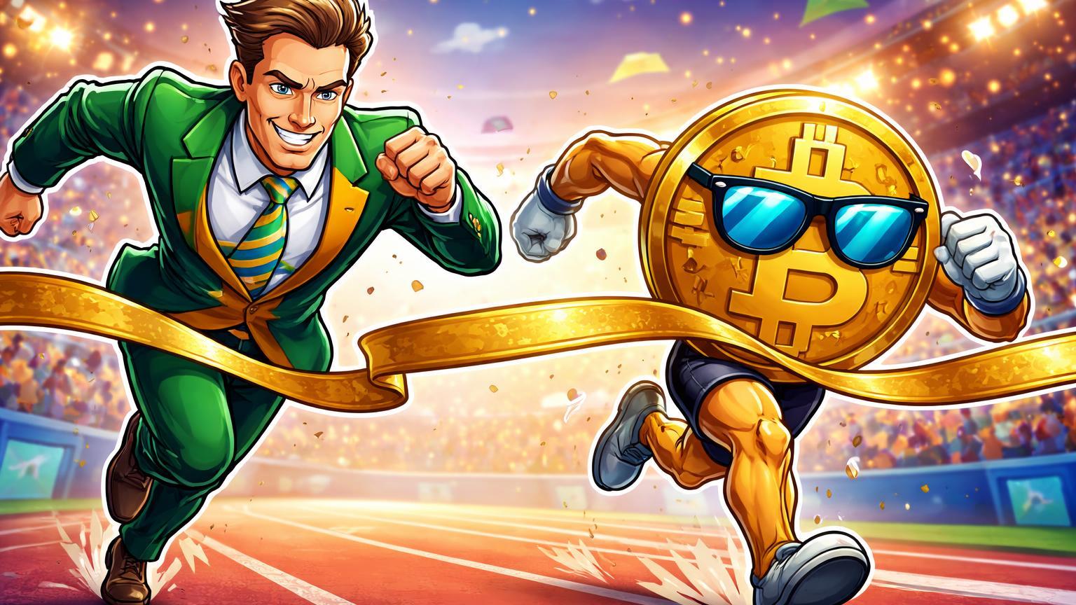 Personagens cartoon de Ibovespa e Bitcoin em corrida apertada, Ibovespa à frente, simbolizando superação em aposta de R$ 100 mil no Brasil