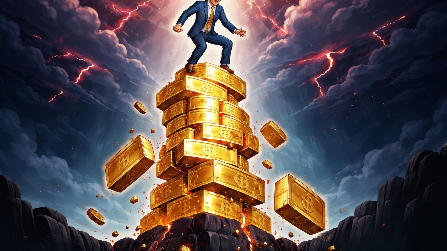 Executivo cartoon no topo de pilha instável de blocos Bitcoin rachados com moedas caindo, revelando riscos ocultos na tesouraria da MicroStrategy