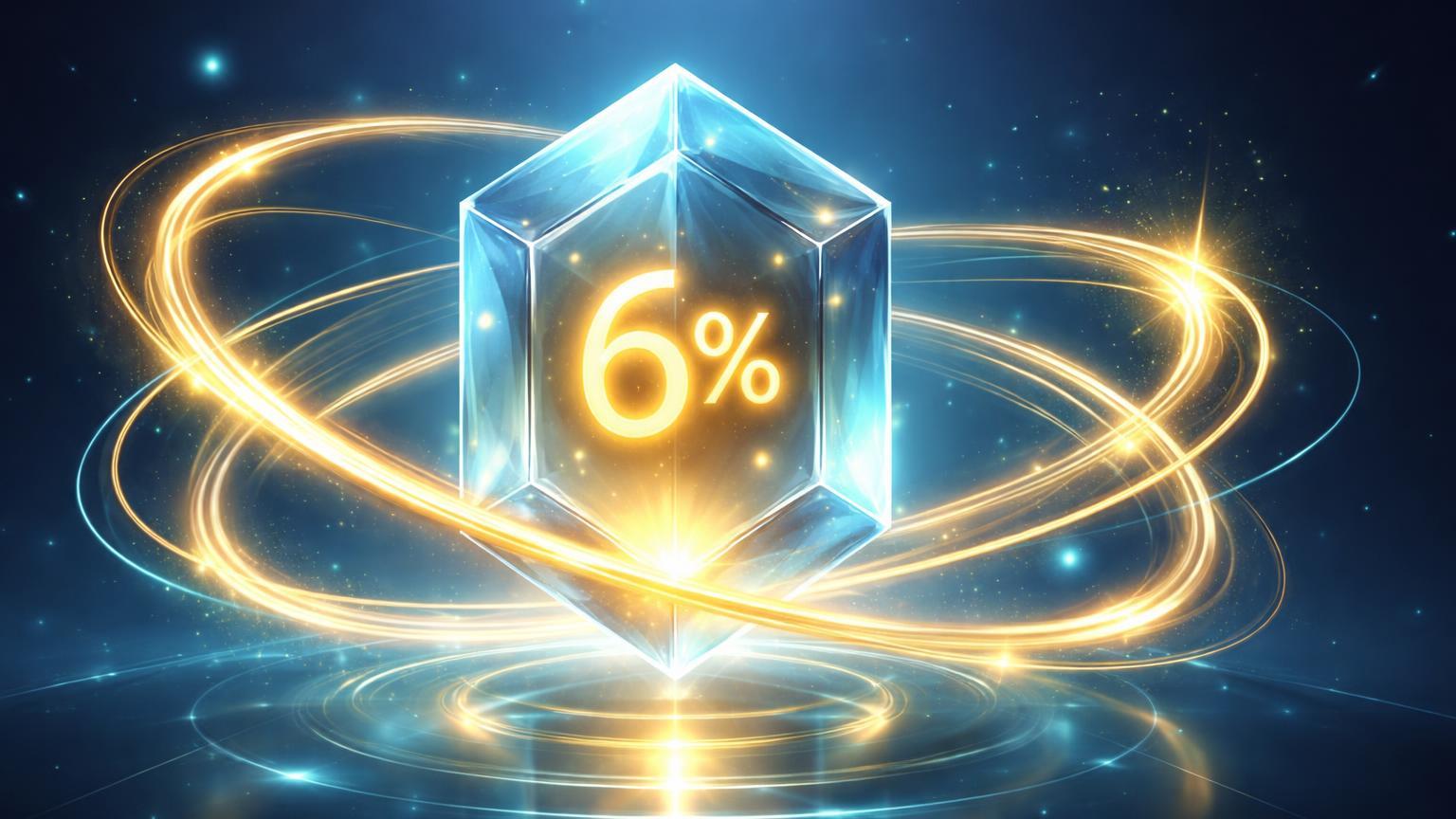 Cristal hexagonal translúcido com loops dourados de yield e '6%' no núcleo, simbolizando estratégia de tesouraria Sui em stablecoins e DeFi